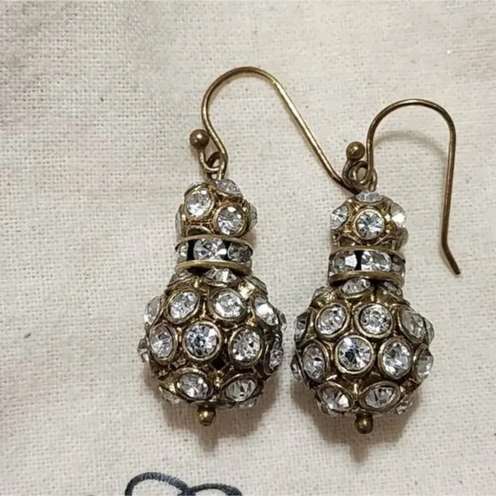 J. Crew pave Rhinestone and antique gold‎ tone dangle French wire earrings